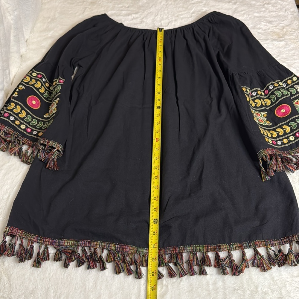 Velzera Black Boho Embroidered Tassel Trim Tunic Blouse- size L - Picture 15 of 16